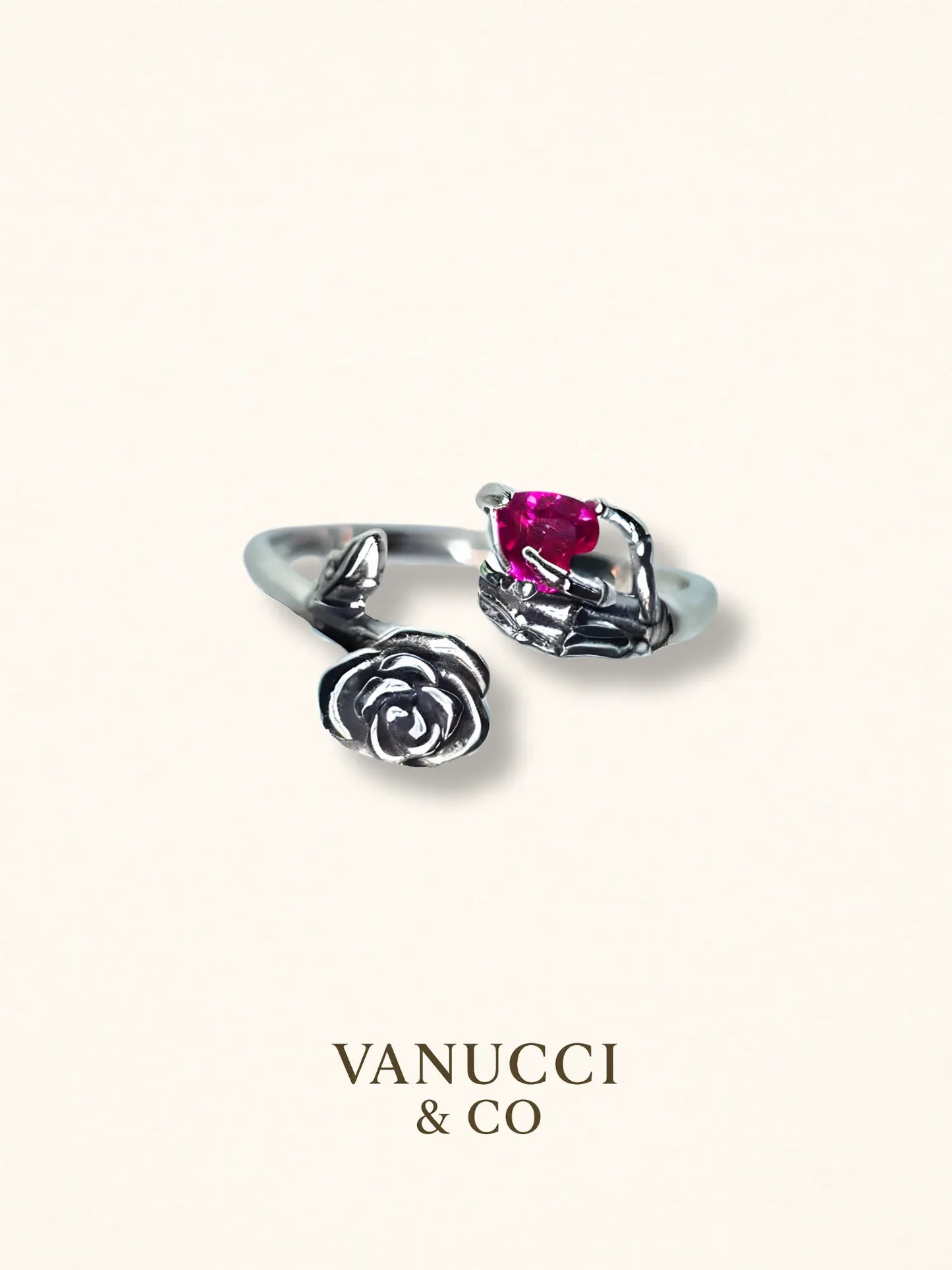 Anillo rosa mano esqueleto circonia roja Plata 925 - VANUCCI & CO