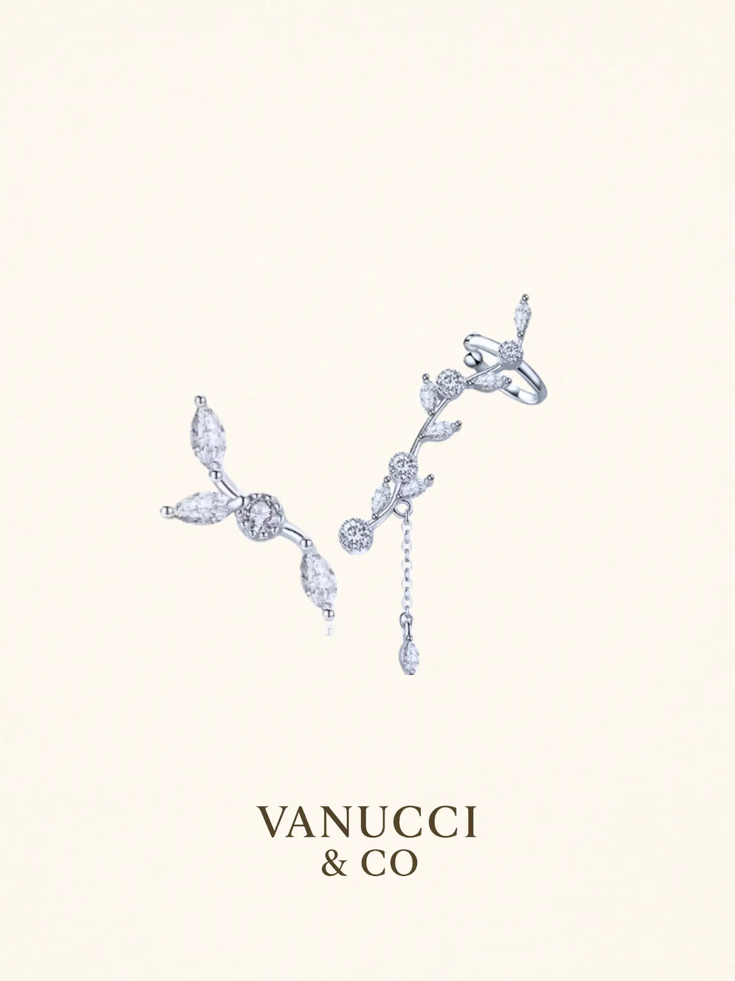 Arete trepador rama hojas circonia blanca Plata 925 - VANUCCI & CO