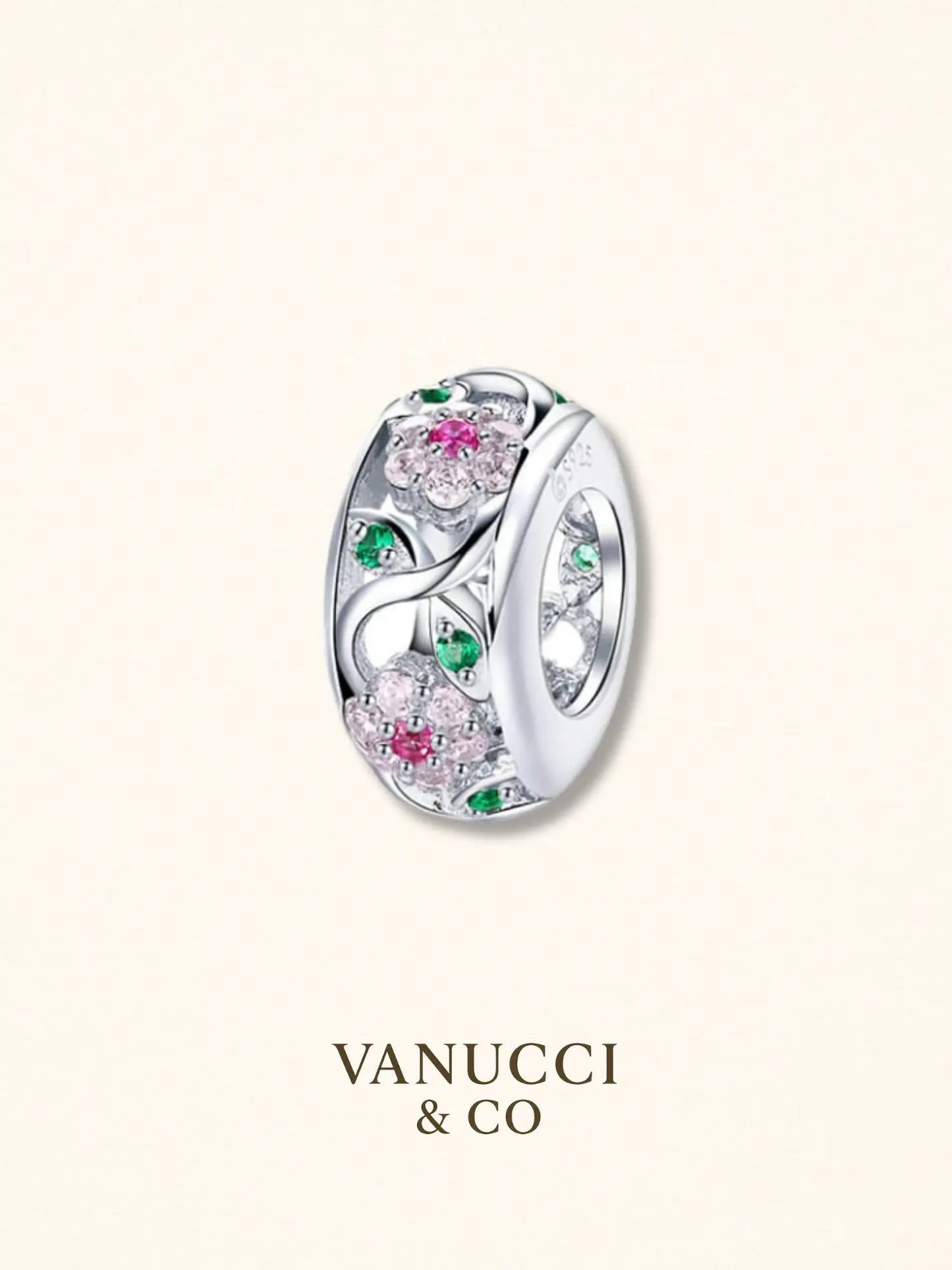 Charm Floral con Circonias Rosadas y Verdes Plata 925 - VANUCCI & CO