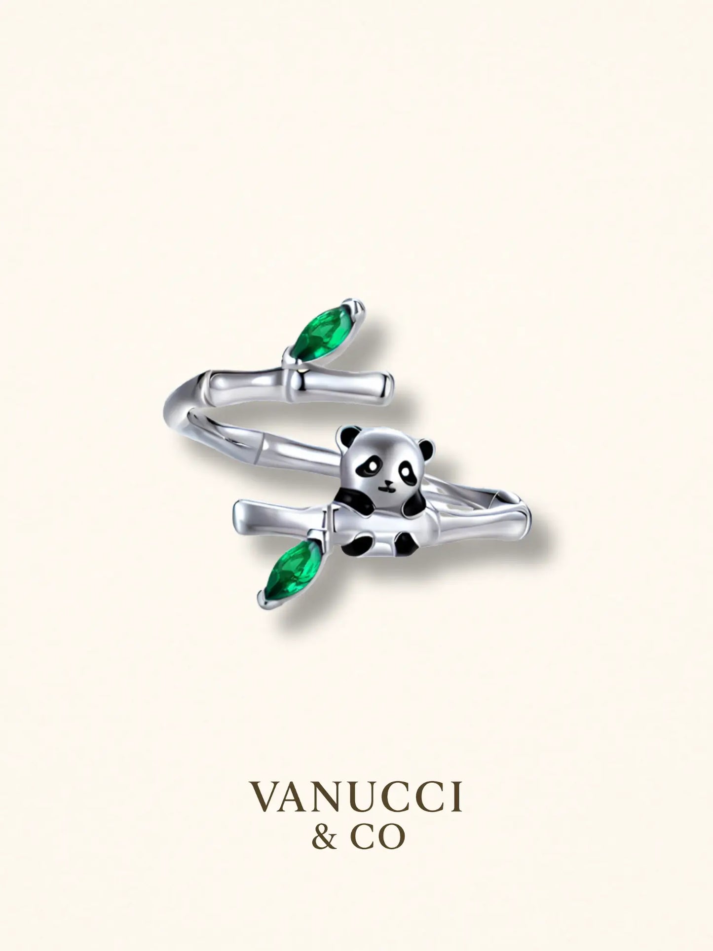 Anillo Ajustable Panda con Bambú y Circonias Verdes Plata 925 - VANUCCI & CO