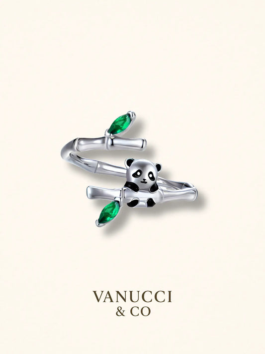 Anillo Ajustable Panda con Bambú y Circonias Verdes Plata 925 - VANUCCI & CO