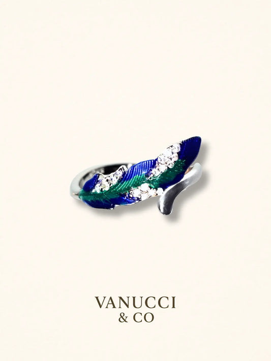 Anillo pluma azul verde circonia ajustable Plata 925 - VANUCCI & CO
