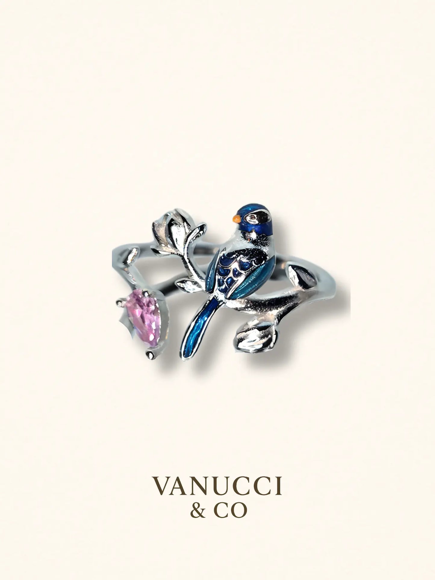 Anillo Ajustable Ave Azul y Circonia Rosa Plata 925 - VANUCCI & CO