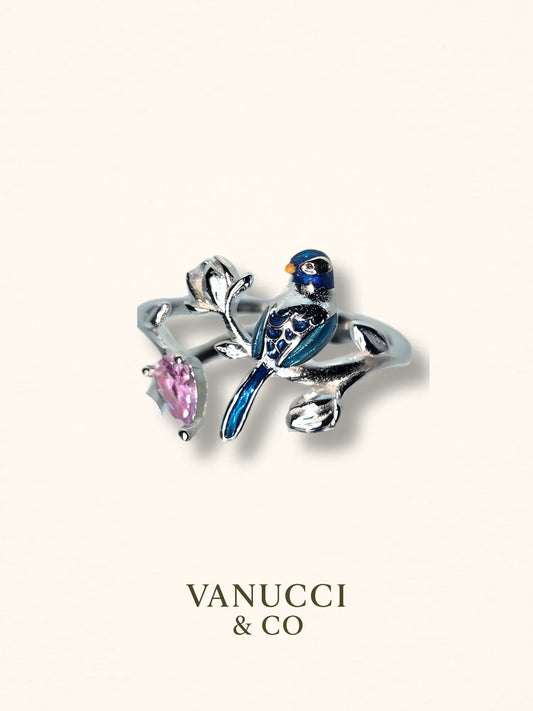 Anillo Ajustable Ave Azul y Circonia Rosa Plata 925 - VANUCCI & CO