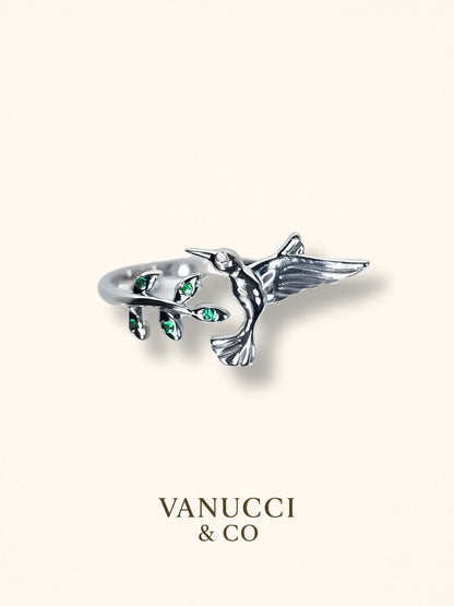 Anillo Ajustable Colibrí con Rama y Circonias Verdes Plata 925 - VANUCCI & CO