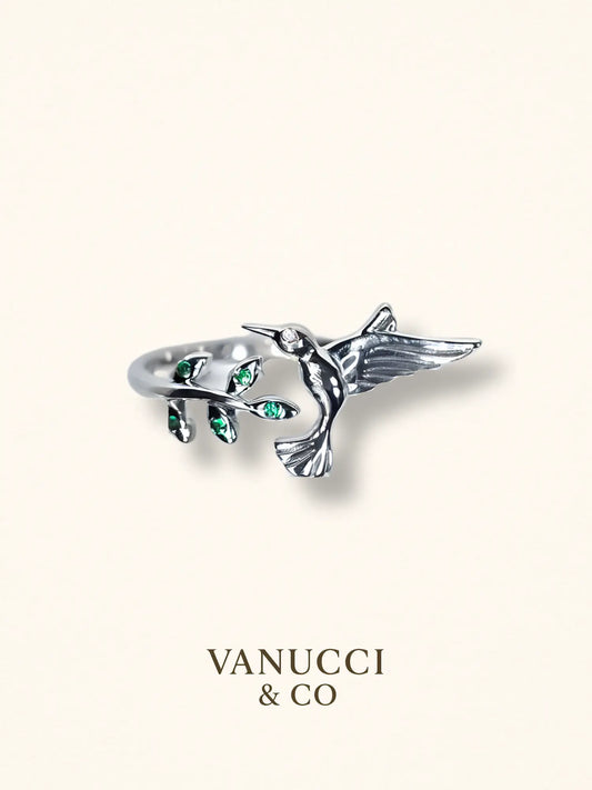 Anillo Ajustable Colibrí con Rama y Circonias Verdes Plata 925 - VANUCCI & CO