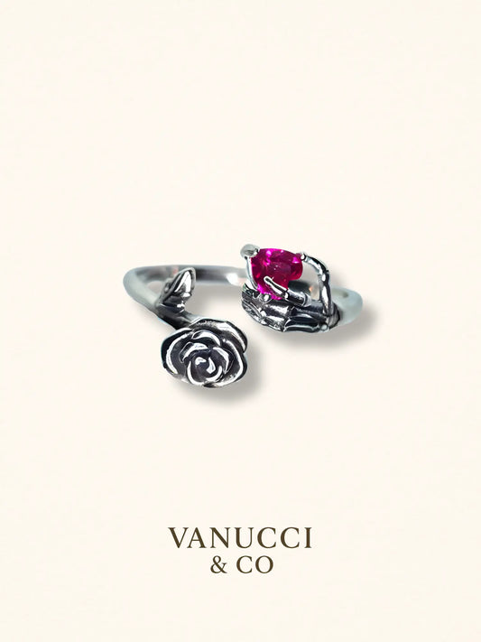 Anillo rosa mano esqueleto circonia roja Plata 925 - VANUCCI & CO