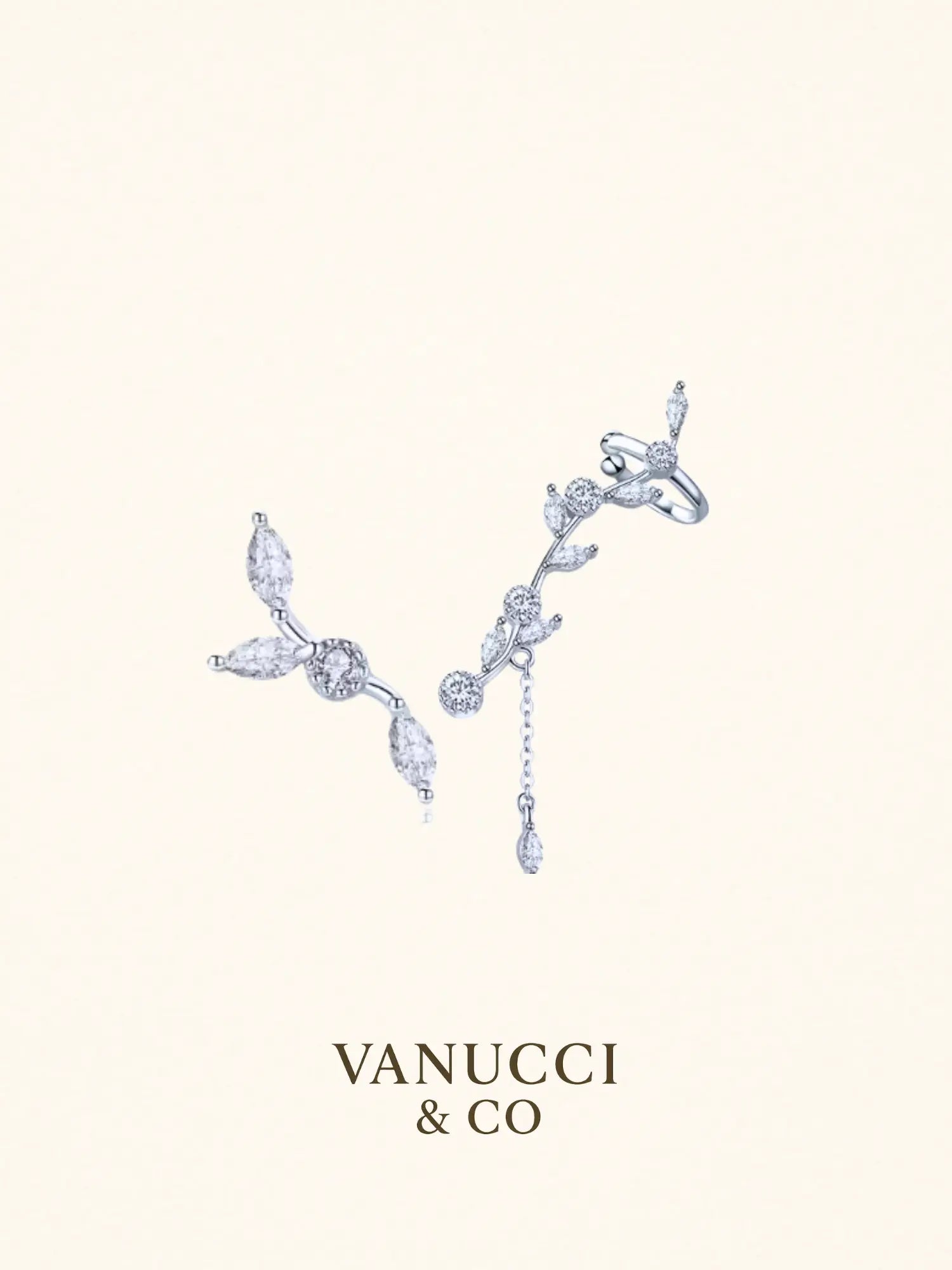Arete trepador rama hojas circonia blanca Plata 925 - VANUCCI & CO