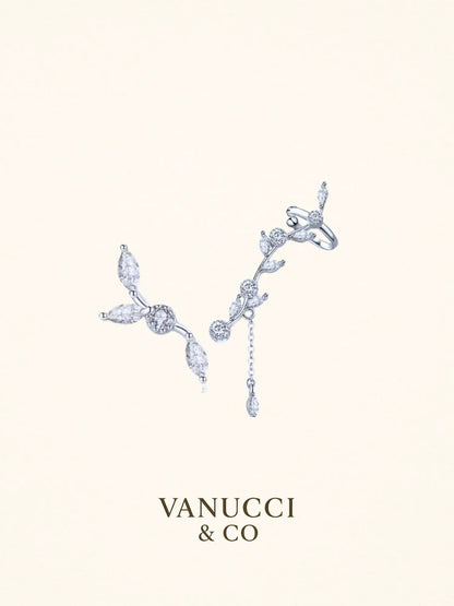 Arete trepador rama hojas circonia blanca Plata 925 - VANUCCI & CO