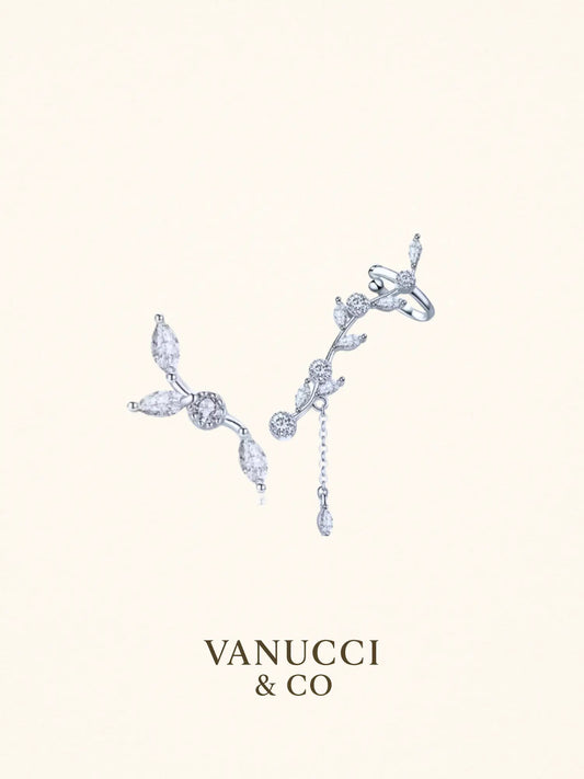 Arete trepador rama hojas circonia blanca Plata 925 - VANUCCI & CO
