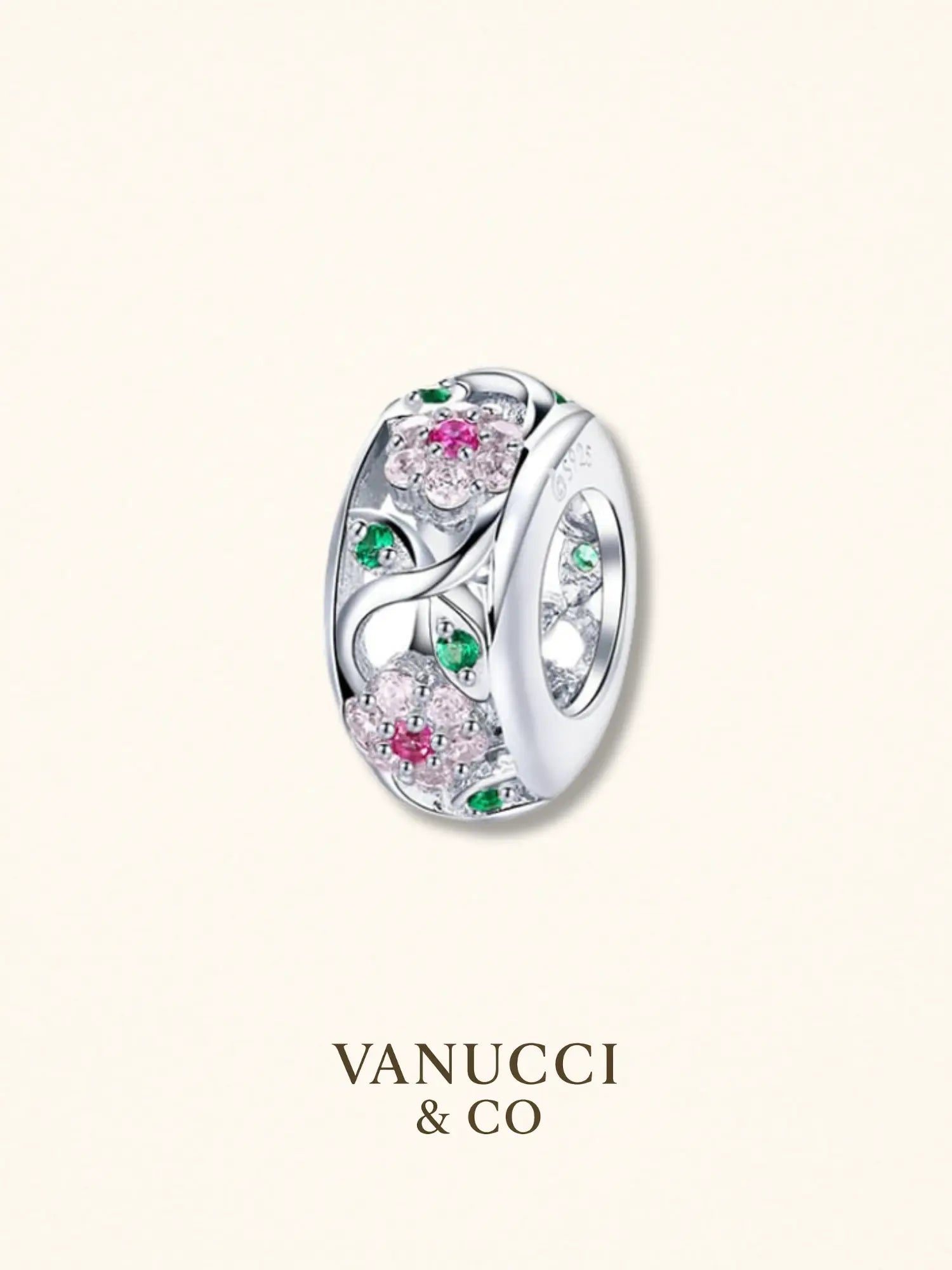 Charm Floral con Circonias Rosadas y Verdes Plata 925 - VANUCCI & CO