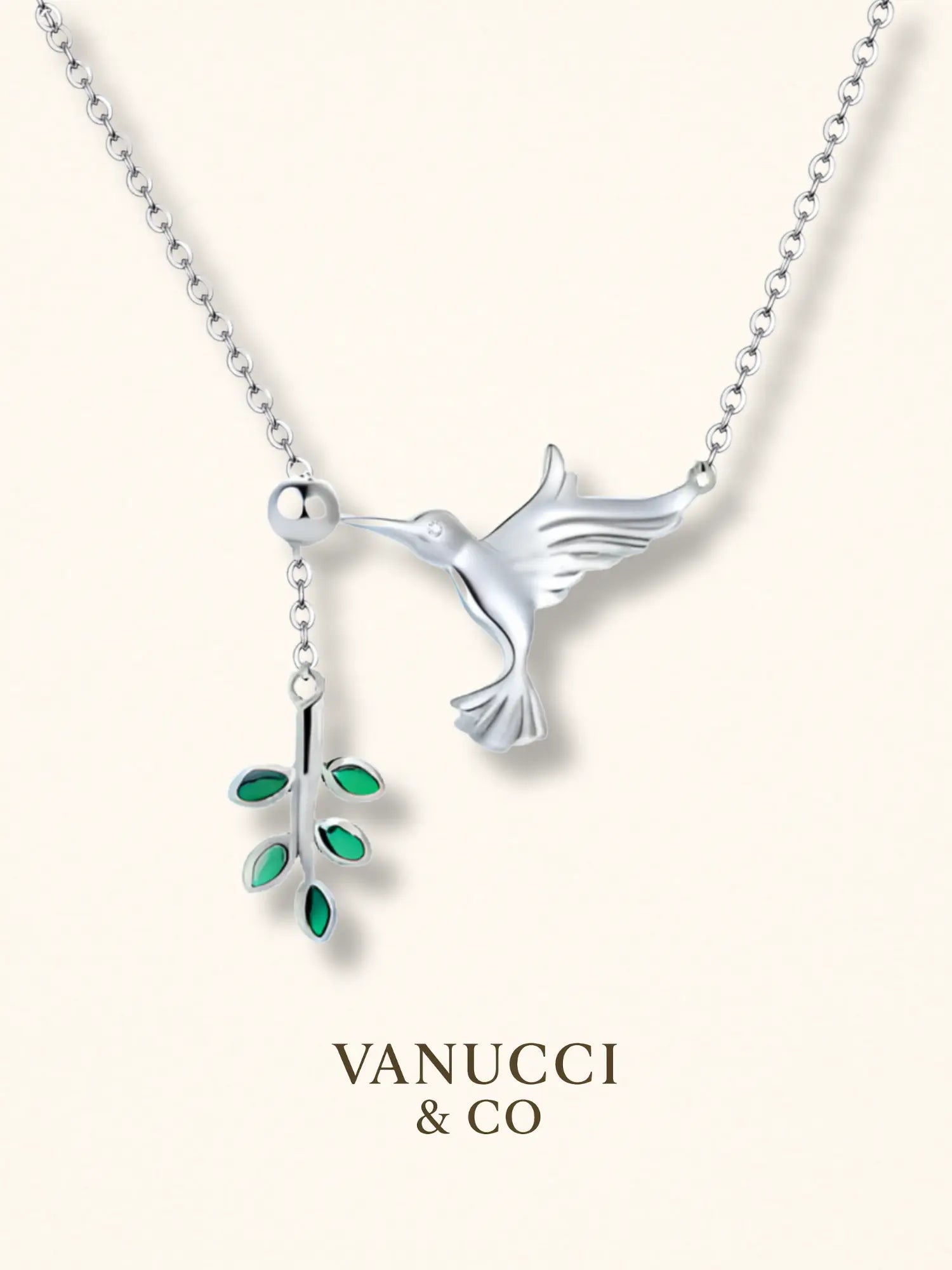 Collar Colibrí y Rama con Hojas Verdes Plata 925 - VANUCCI & CO