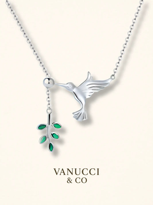 Collar Colibrí y Rama con Hojas Verdes Plata 925 - VANUCCI & CO